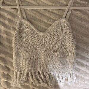 Cream Knit Fringe Crop Top